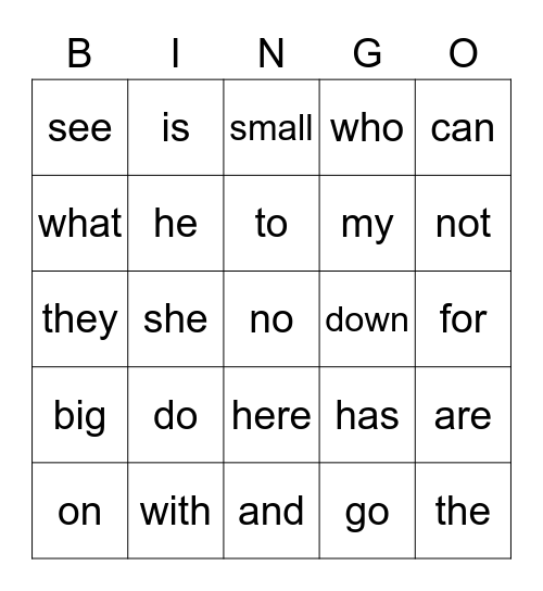 Kinder High Frequency Words Bingo Card
