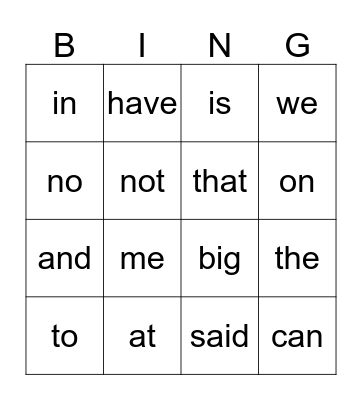 Sight Words Bingo Card