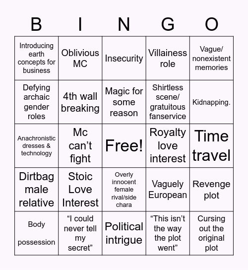 Female Isekai Trope Bingo Card
