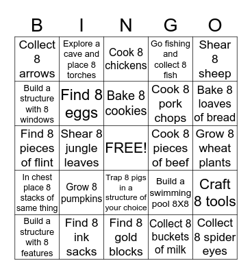 AJ's 8th BIRTHDAY MINECRAFT BINGO Card