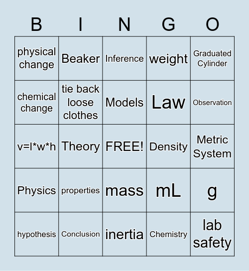 Unit 1 - Physical Science Bingo Card