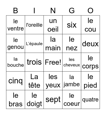 French body parts, parties du corps! Bingo Card
