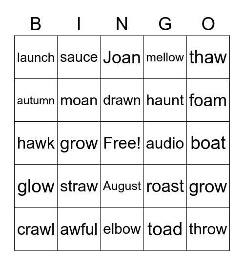 oa/ow & au/aw Bingo Card