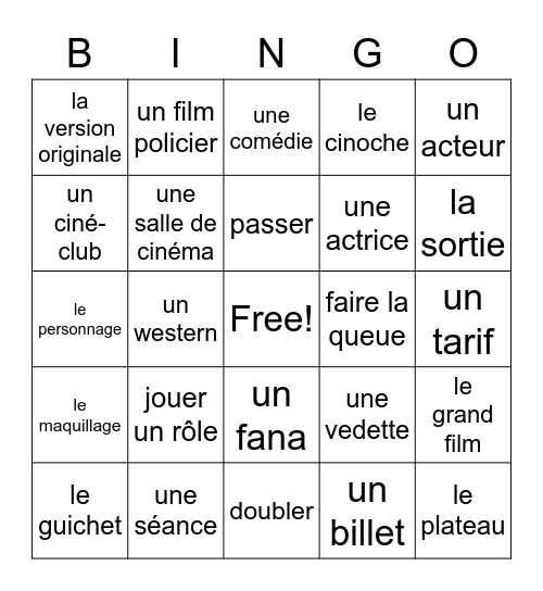 French Vocabulary Bingo Card