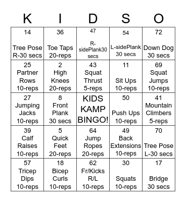 KIDS KAMP CHALLENGE Bingo Card