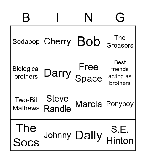 The Outsiders Characters Bingo Card