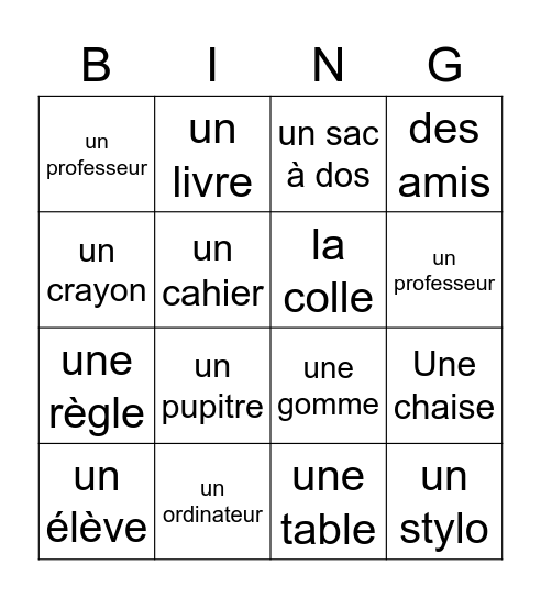 Les objets d'école Bingo Card