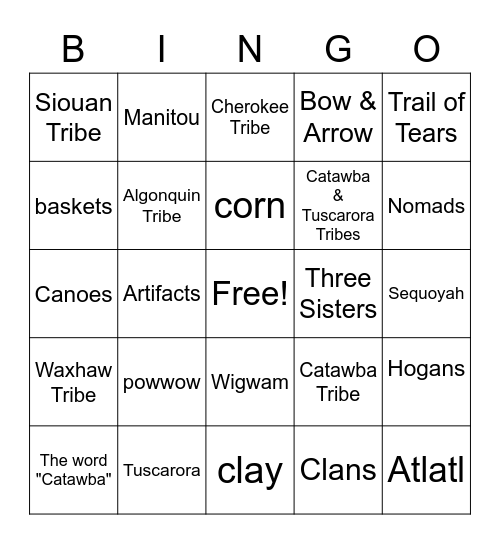 4th Grade Native Americans Terms Bingo Card