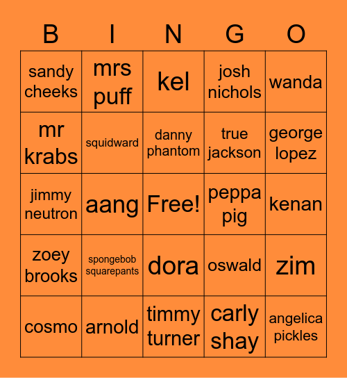 Nickelodeon Characters Bingo Card