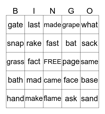 Short -a versus Long -a Bingo Card