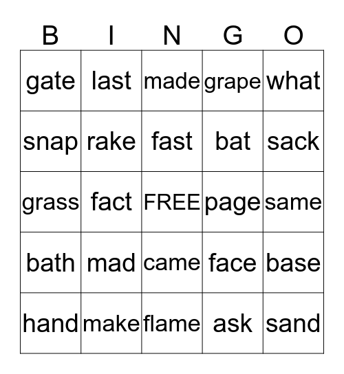 Short -a versus Long -a Bingo Card