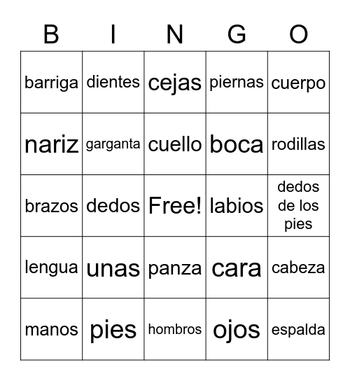 Partes del Cuerpo 4th/5th Bingo Card