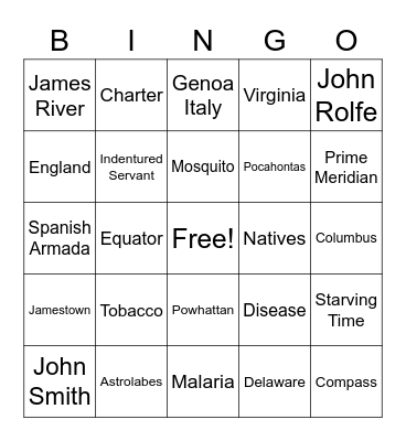 Jamestown Bingo Card