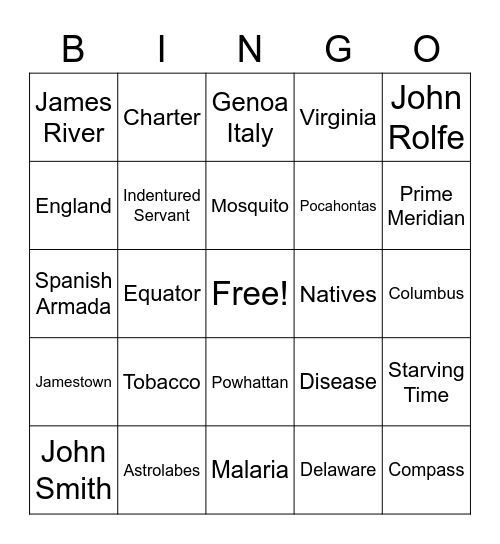 Jamestown Bingo Card