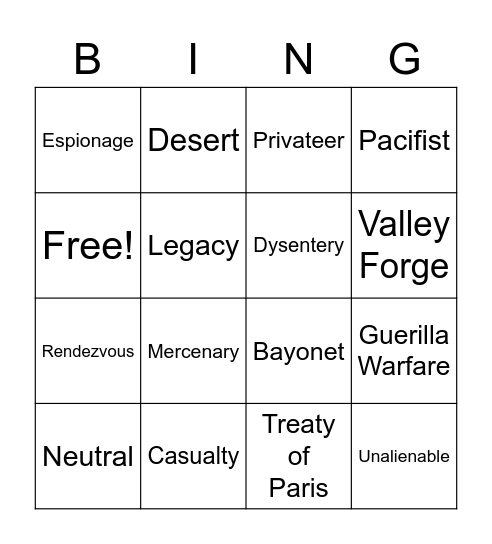 Rev. War Vocab. Review Bingo Card