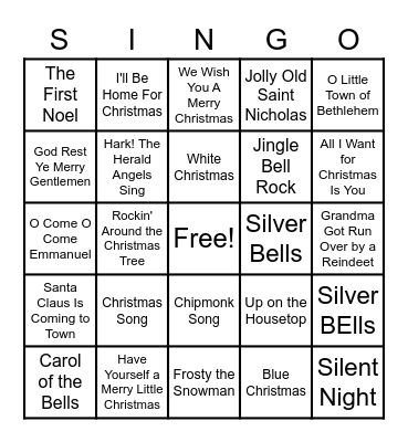 Christmas Carol Bingo Card