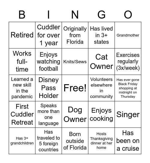 Cuddler Retreat Human BINGO Card