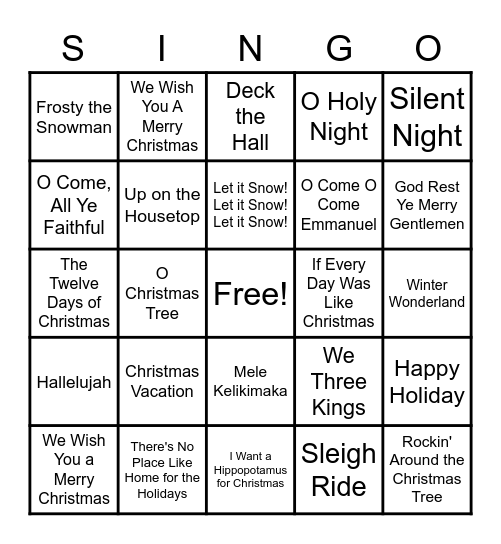 Christmas Carol Bingo Card