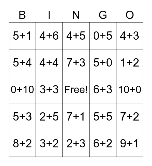 Addition 1-10 Bingo Card