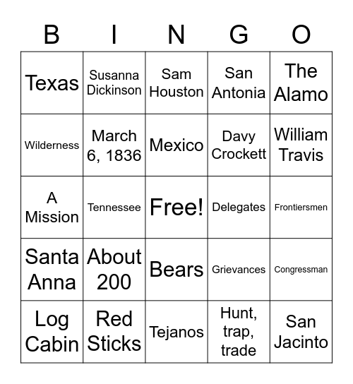 The Alamo Bingo Card