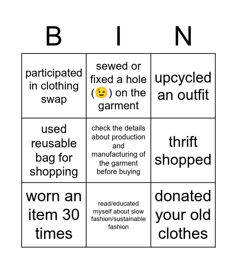 Sustainability Bingo Card