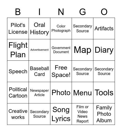 Primary and Secondary Sources Bingo Card