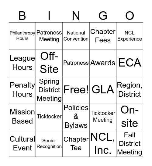 NCL Lingo Bingo Card