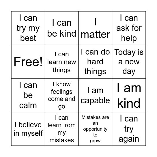 Affirmation Bingo Card