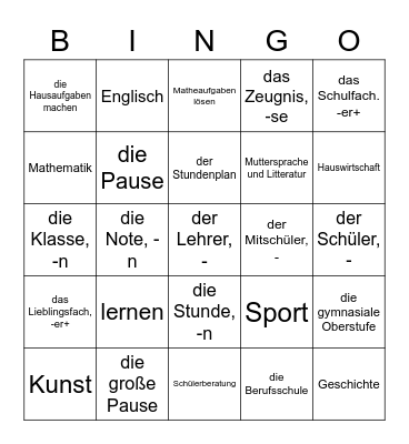 Plan D 1-2: Lektion 7, Thema: die Schule Bingo Card