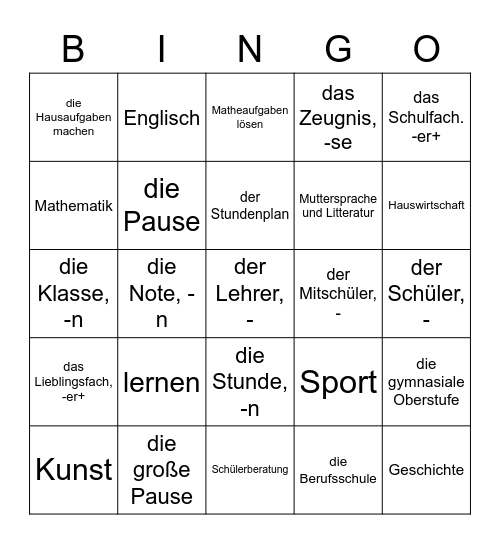 Plan D 1-2: Lektion 7, Thema: die Schule Bingo Card