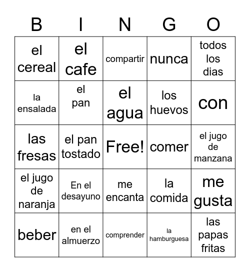 Spanish Food Bingo Card