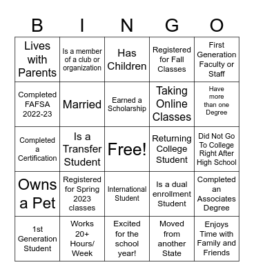 First Generation Bingo Card