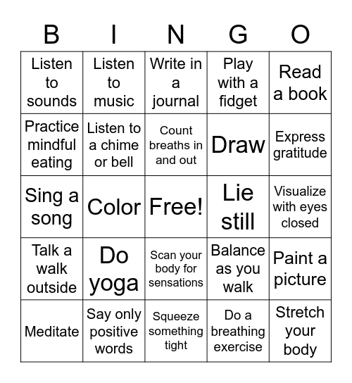 Mindfulness Bingo Card
