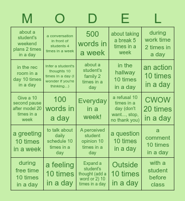 FINAL COUNTDOWN AAC MODELING COMPETITION Bingo Card