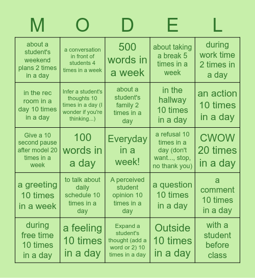 FINAL COUNTDOWN AAC MODELING COMPETITION Bingo Card