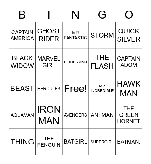 SUPER HEROS Bingo Card