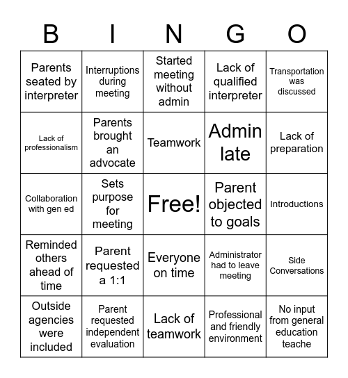 IEP BINGO Card