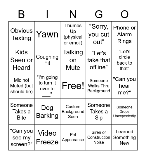 All Hands Zoom Bingo Card