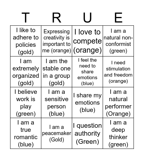 True Colors Bingo Card