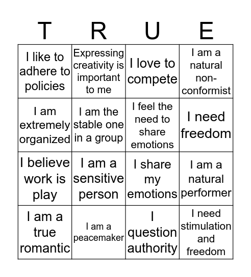 True Colors Bingo Card