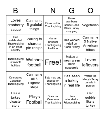 Thanksgiving BINGO Card