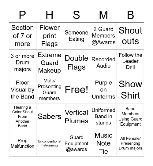 PHSMB Napa Bingo Card