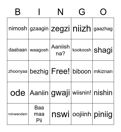 Anishnaabemowin Bingo Card