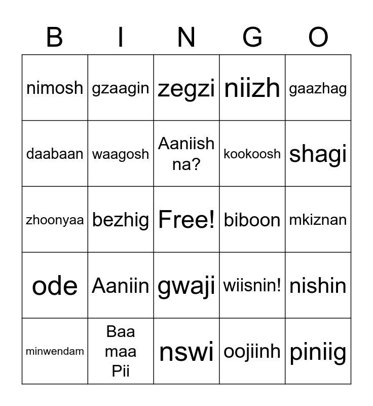 Anishnaabemowin Bingo Card