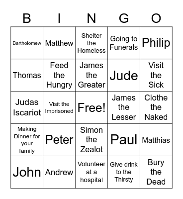 Corporal Works of Mercy and The Apostles Bingo Card