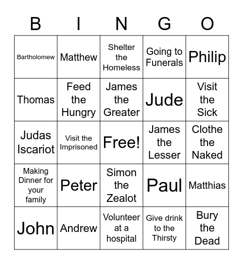 Corporal Works of Mercy and The Apostles Bingo Card