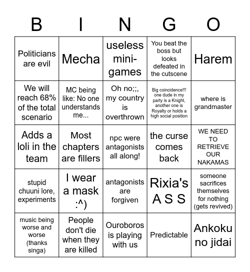 Kiseki Bingo Card