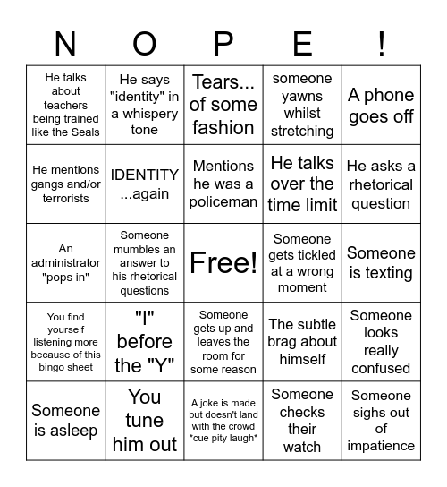 Identity Talk or Whatever Bingo Card