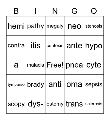 Medical Terminology Bingo Card