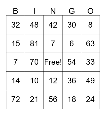 Multiplication BINGO Card